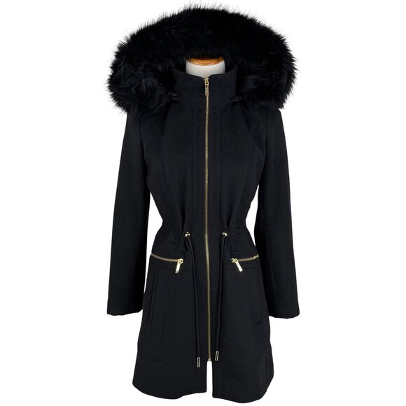 Laundry By Shelli Segal Black Wool Faux Fur Trim Hooded Coat | Cozy Quiet Luxury - Picture 10 of 16
